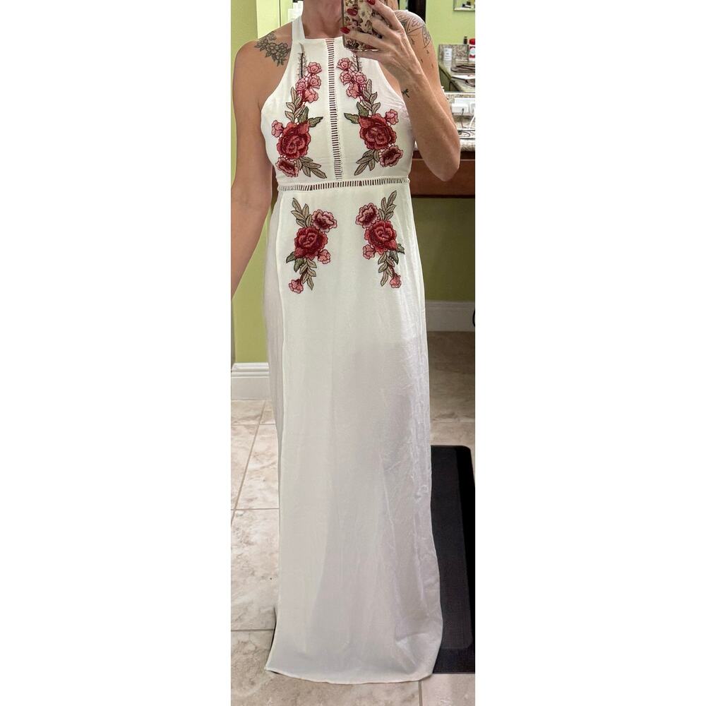 Fanny white maxi floral appliqué Y2K 90s small NWT tie open back sleeveless rose